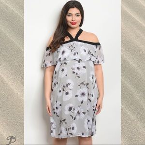 Janette Plus Gray Halter Floral Ruffle Dress